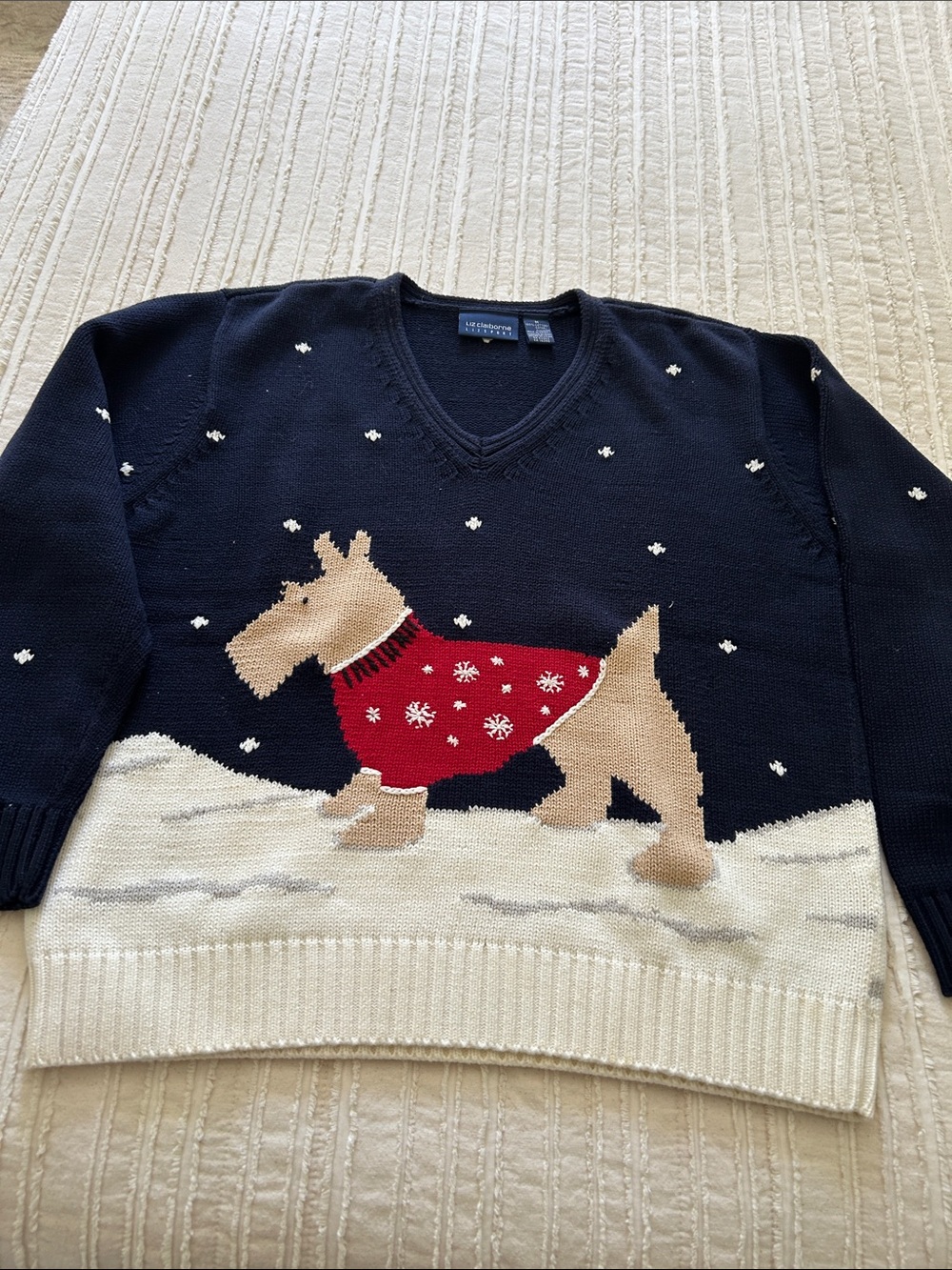 Vtg Liz Claiborne 100% Cotton Holiday Scottie Dog V-Neck Sweater M Flaw
